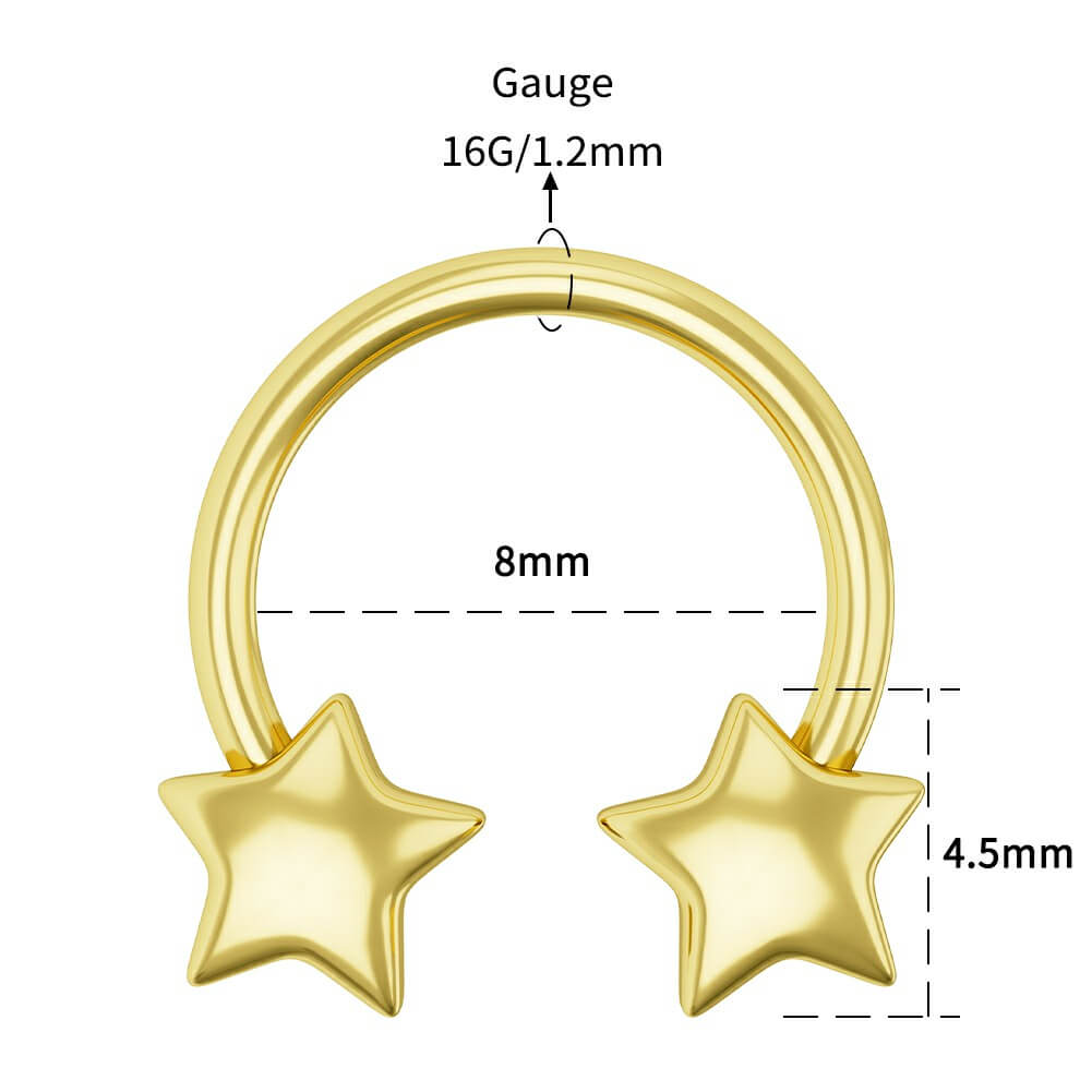 16 Gauge Star Horseshoe Septum Ring, Gold / 8mm