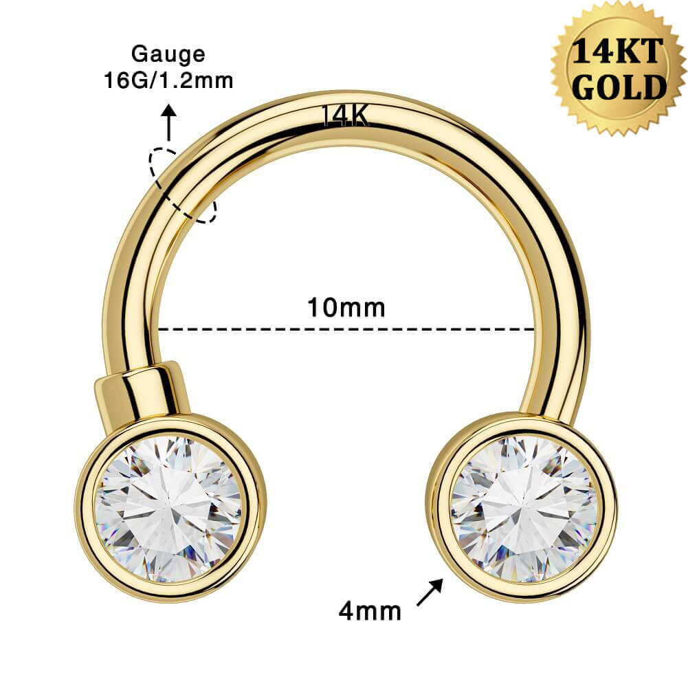 14K Oro CZ Herradura Septum Anillo 16G Hélice