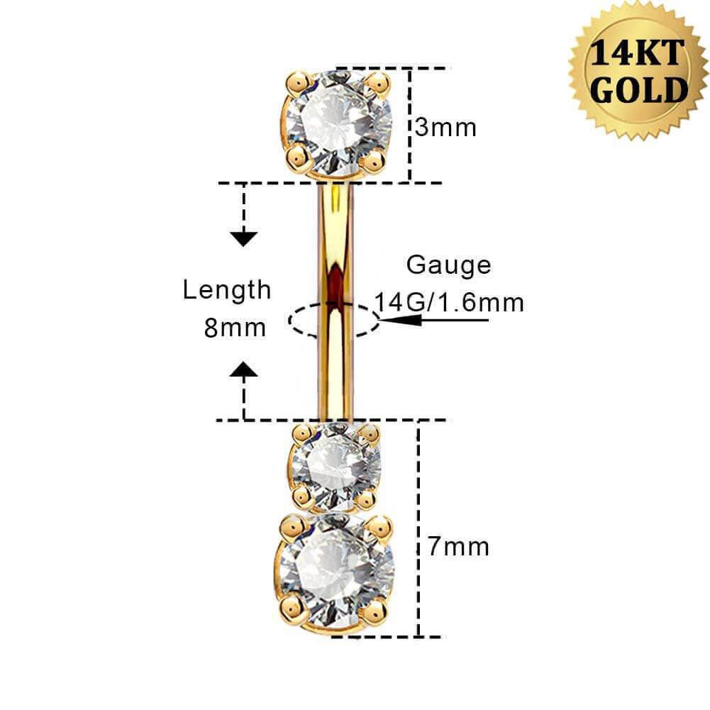 14K Real Gold Belly Ring 14G Three Round Solitaire CZ Navel Ring