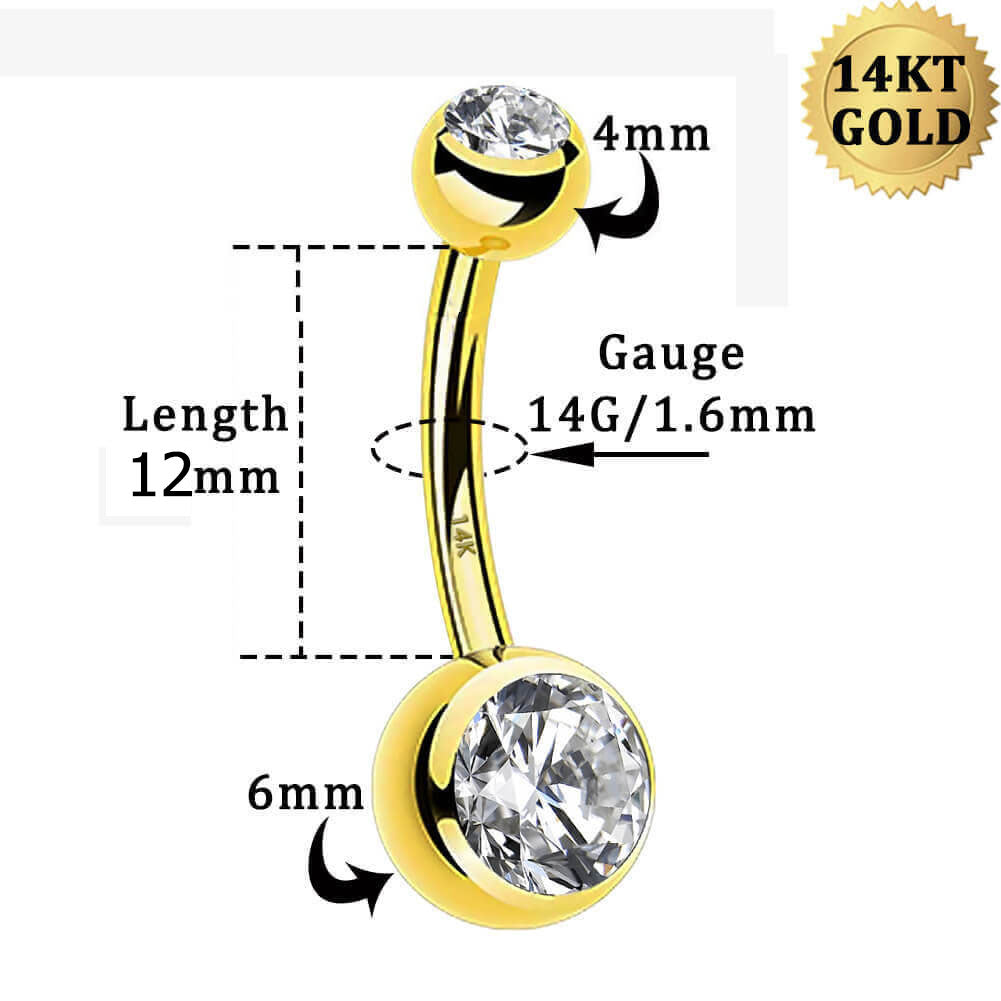Anneau de nombril rond en or 14 carats avec zircone cubique 14 g