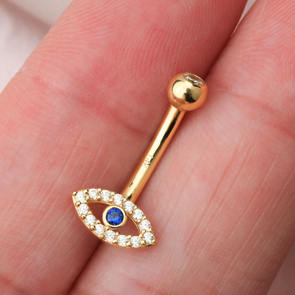 14k gold blue evil eye belly ring