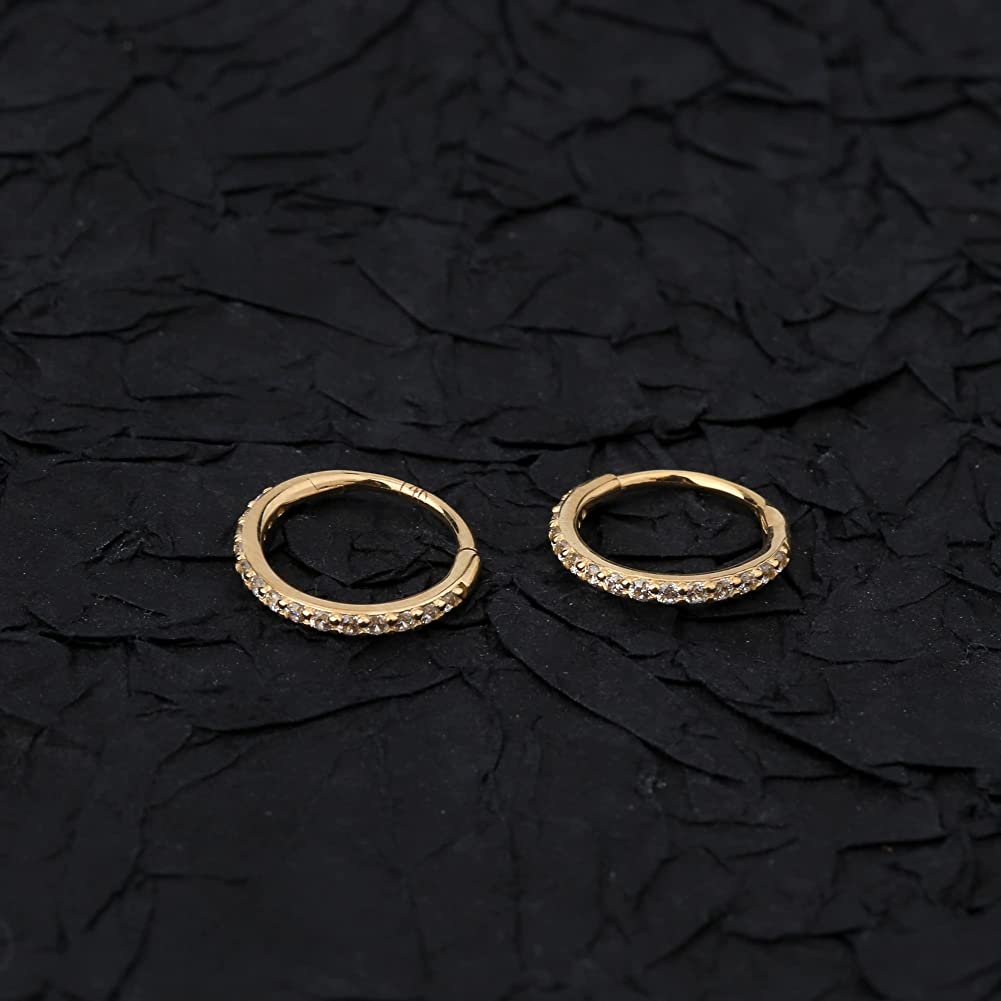 14K Gold 20G Nose Ring Hinged Segment CZ Nose Hoop Ring