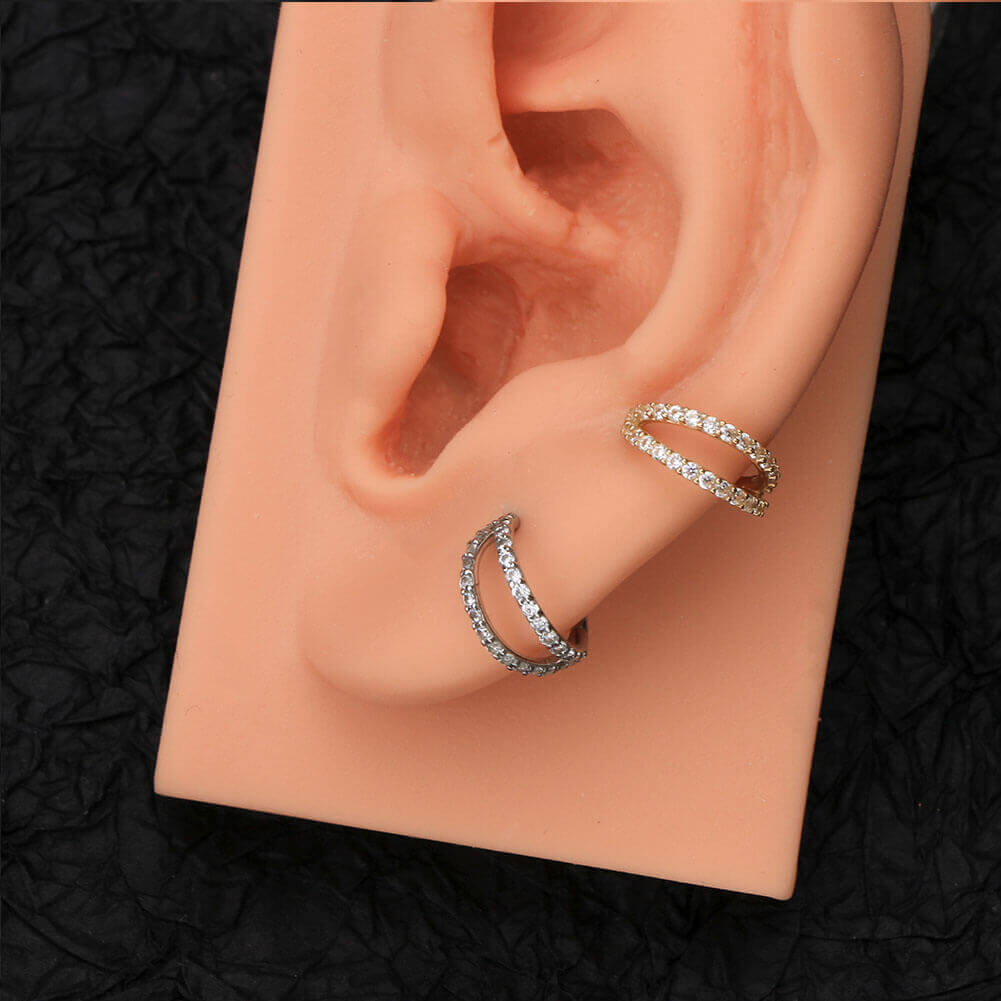 14K White Gold 18G Double Row CZ Nose Ring