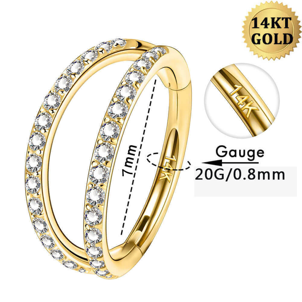 Boucle d'oreille Daith Helix en or 14 carats 20 g avec double rangée de zircons cubiques