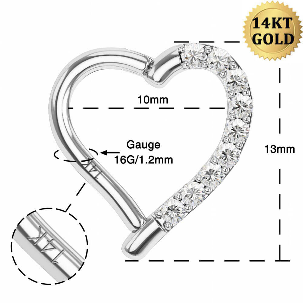 Boucle d'oreille Helix Daith en forme de coeur en or blanc 14K 16G avec CZ