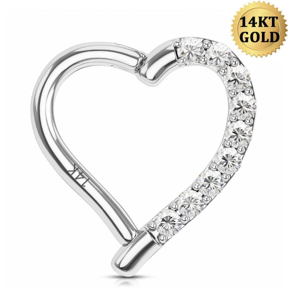 Boucle d'oreille Helix Daith en forme de coeur en or blanc 14K 16G avec CZ
