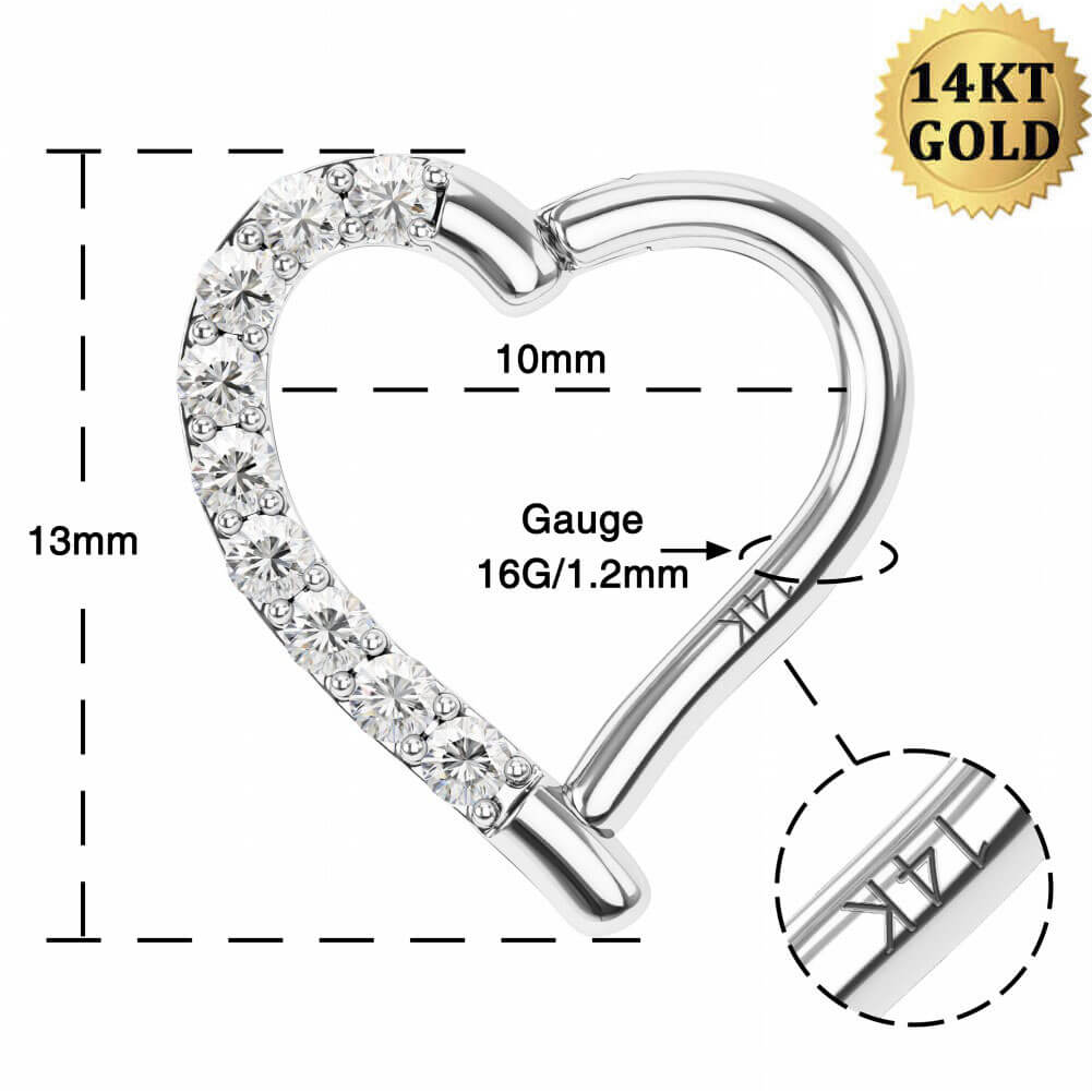 Boucle d'oreille Helix Daith en forme de coeur en or blanc 14K 16G avec CZ