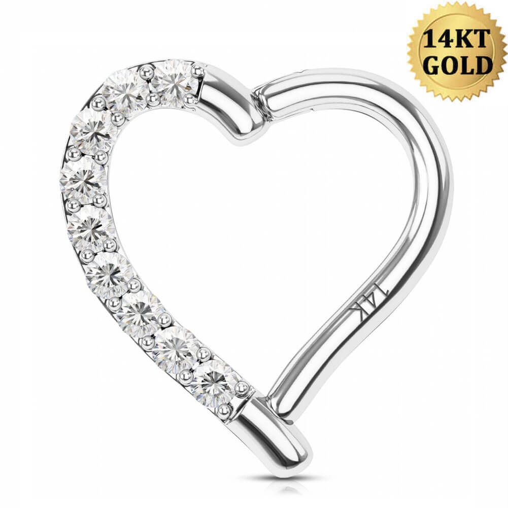 14K White Gold 16G Heart Shaped CZ Daith Helix Earring