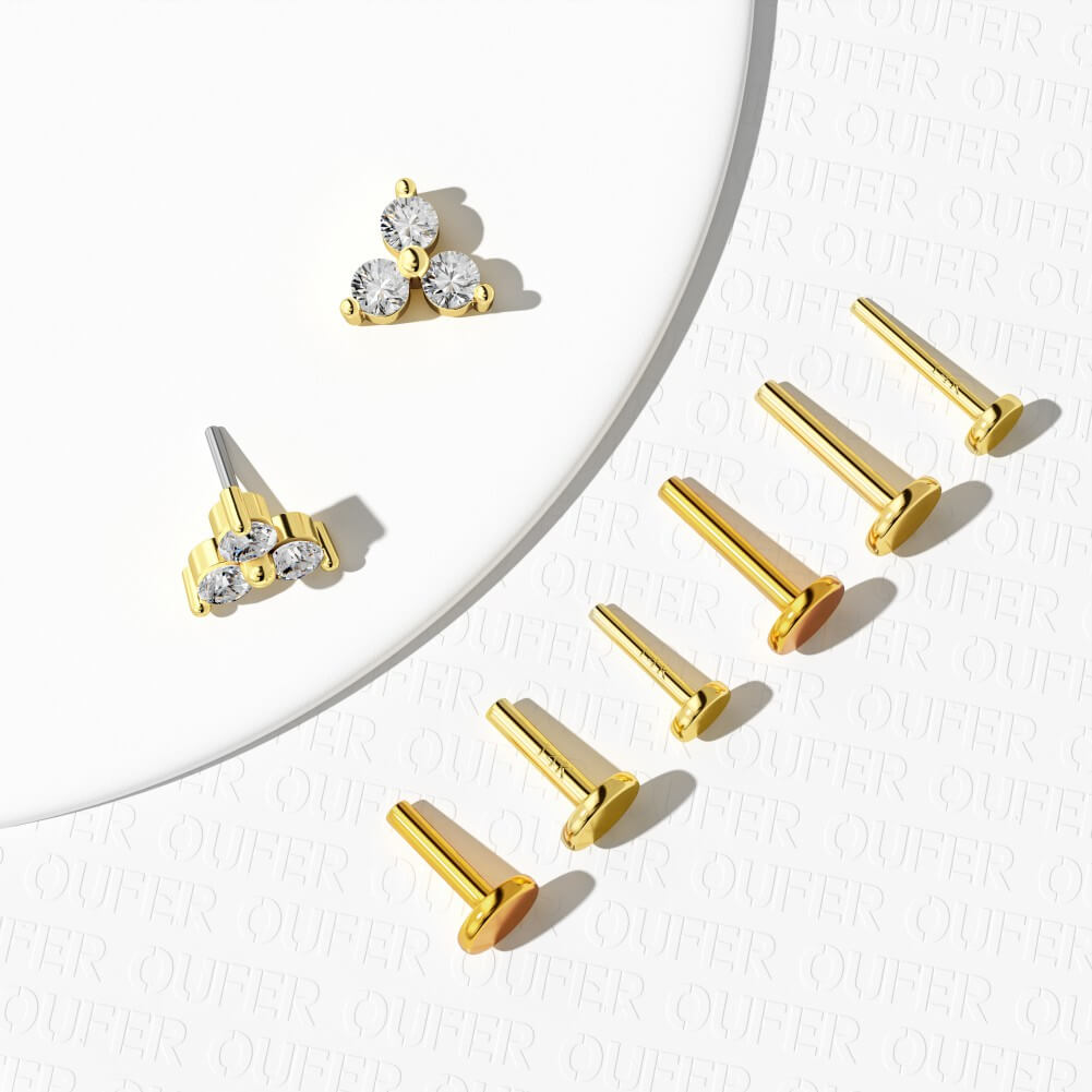 14K Triple CZ Threadless Labret Stud