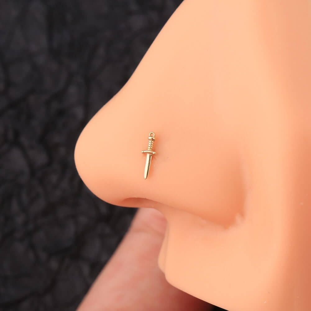 14K Gold Dagger Threadless Push Pin Labret Nose Stud