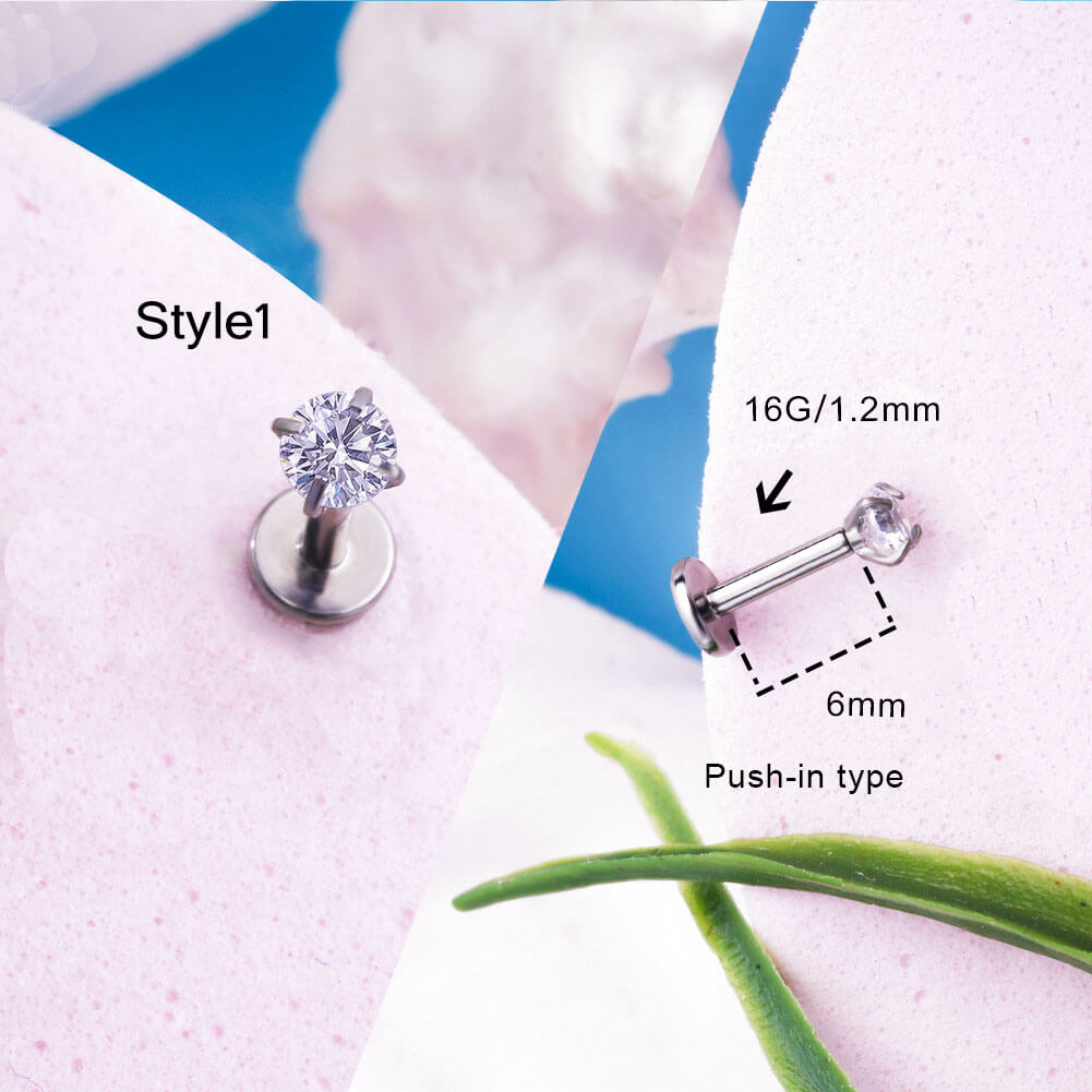 16G Titanium Internally Threaded CZ Flower Cartilage Push Pin Stud Collection