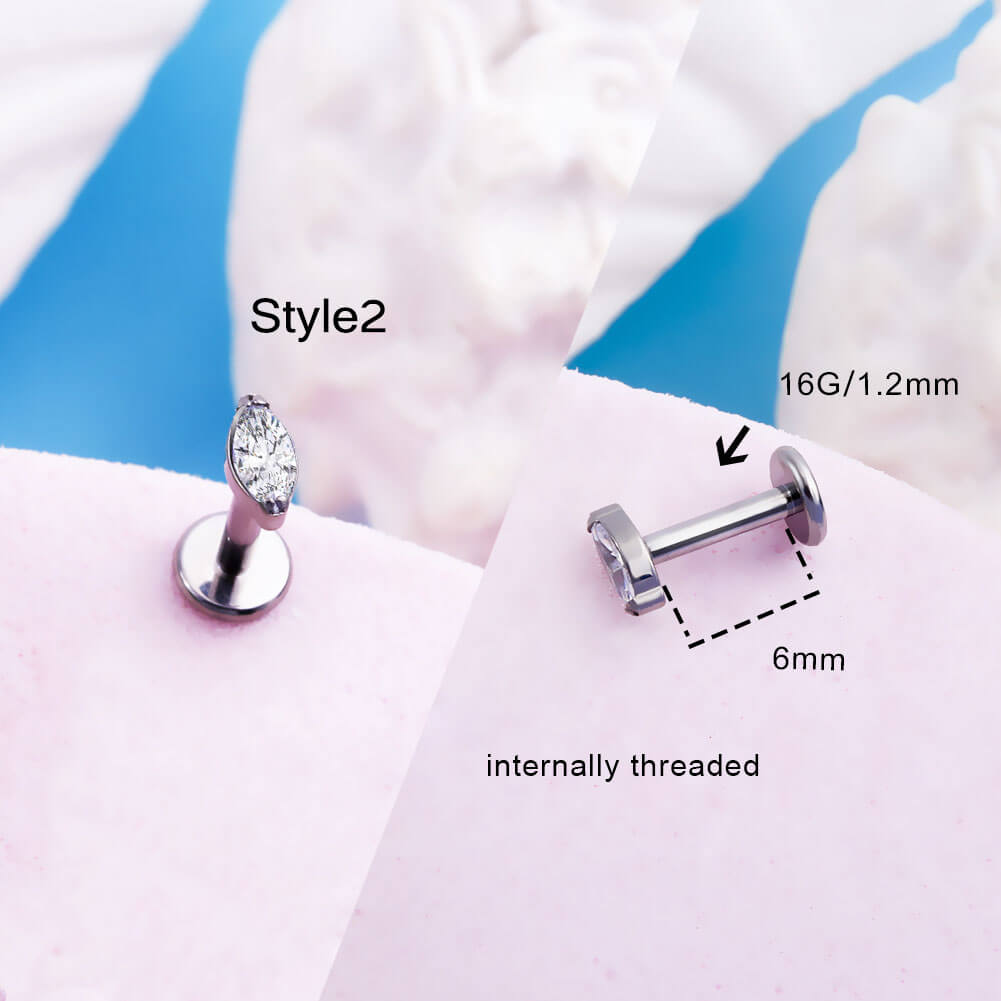 16G Titanium Internally Threaded CZ Flower Cartilage Push Pin Stud Collection