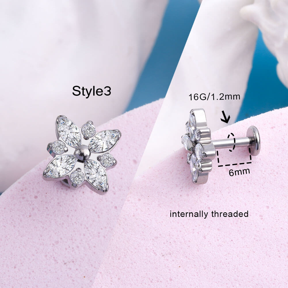 16G Titanium Internally Threaded CZ Flower Cartilage Push Pin Stud Collection