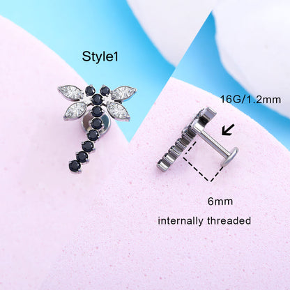 16G Titanium Internally Threaded CZ Dragonfly Cartilage Stud Collection
