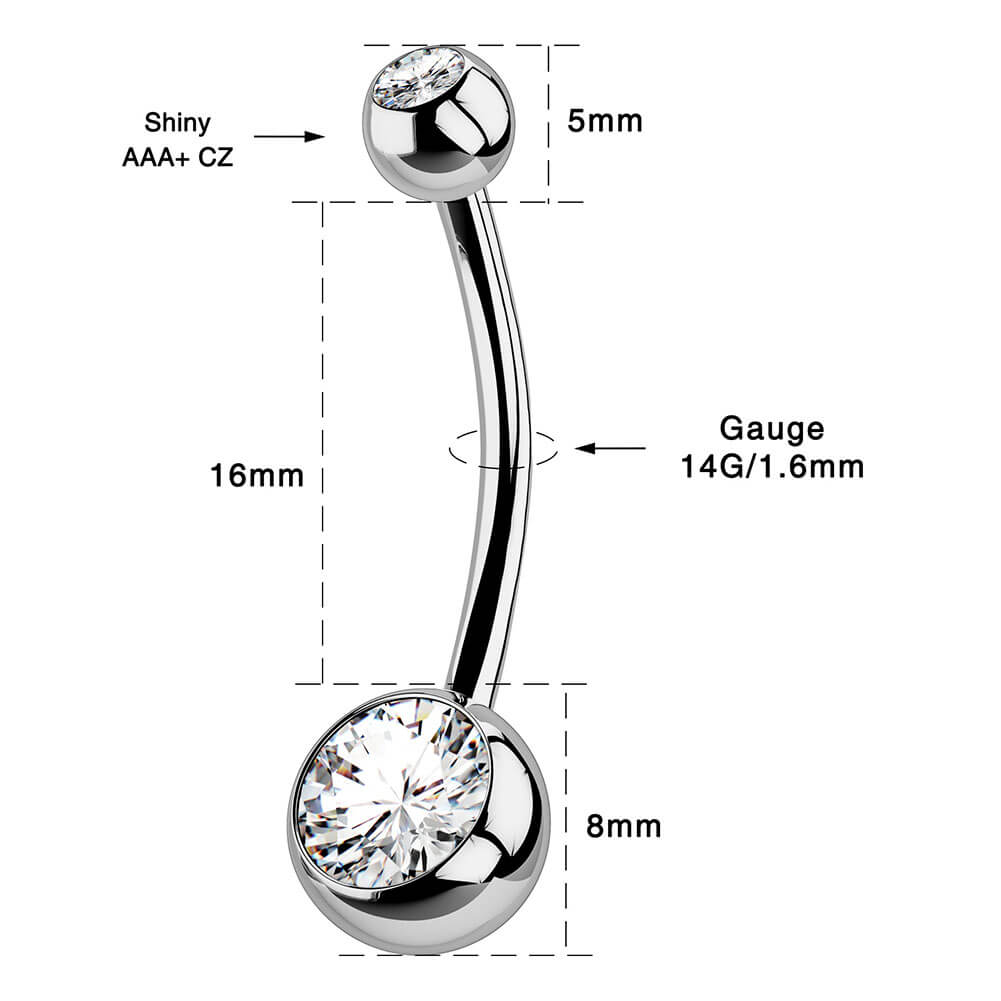 14G Titanium Clear CZ Internally Threaded Belly Ring/ 8-16mm