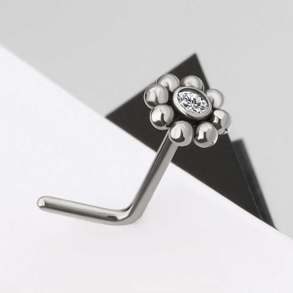 20G Titanium L-shaped CZ Flower Nose Stud