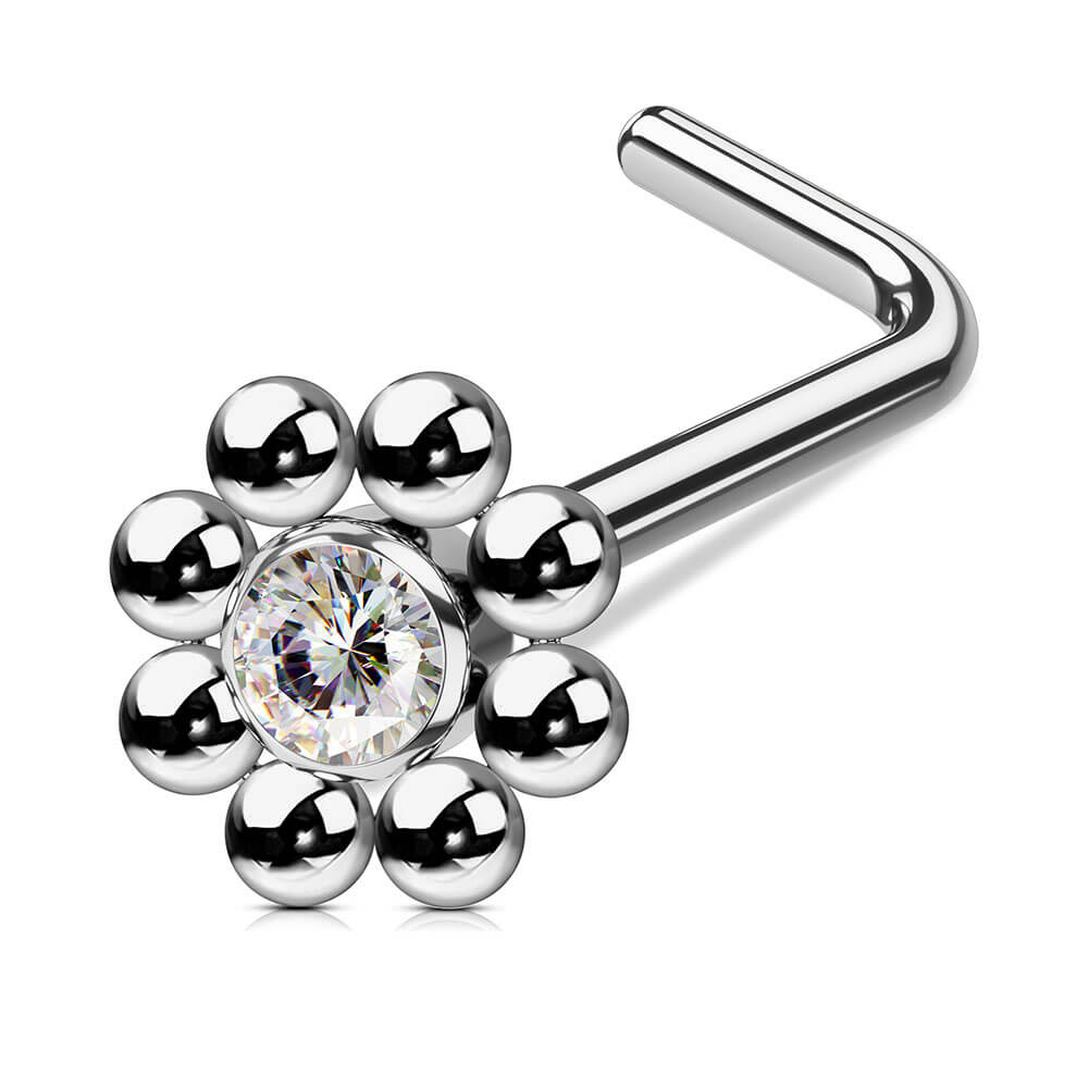 20G Titanium L-shaped CZ Flower Nose Stud