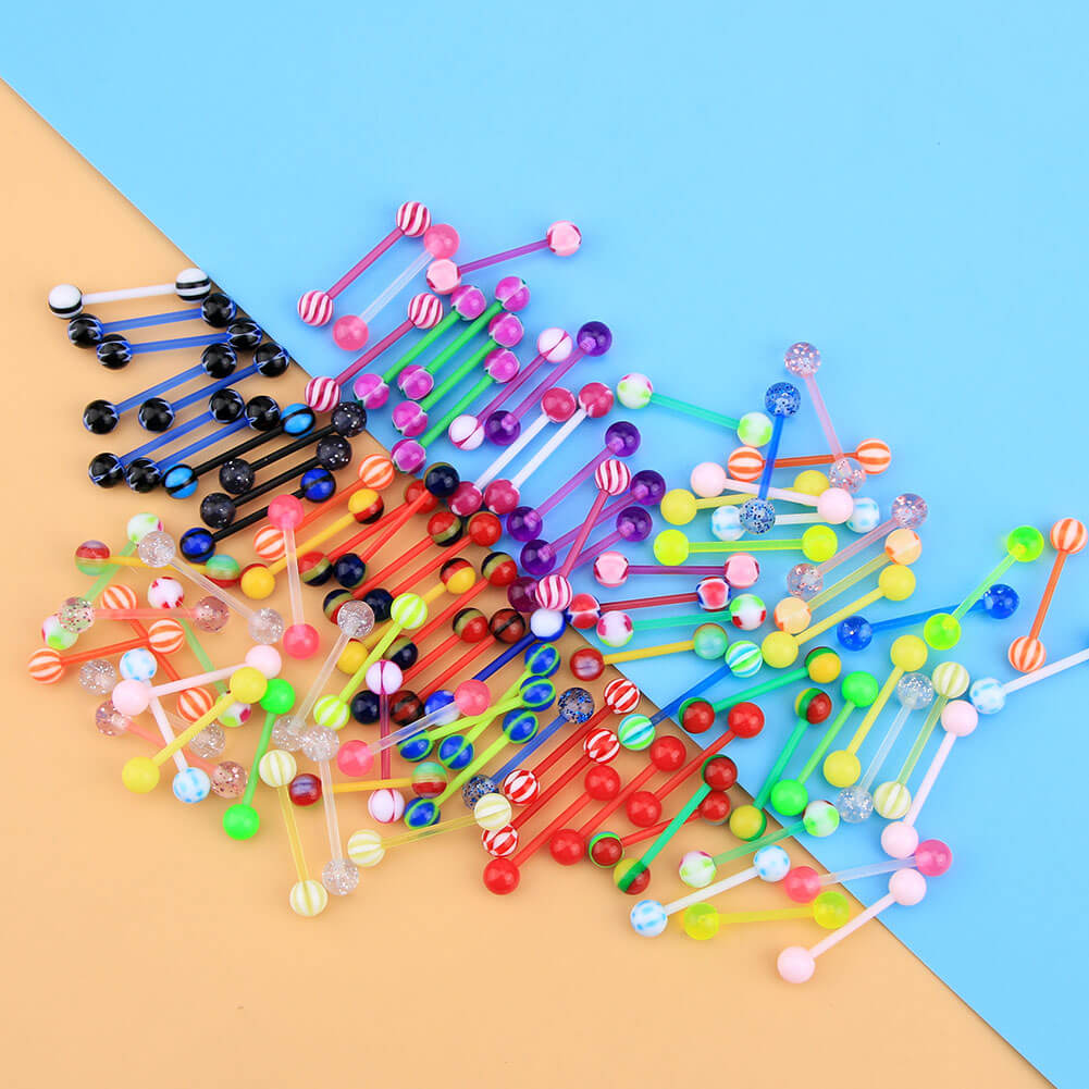 14G 100PCS Different Candy Color Acrylic Barbell Tongue Rings(Random Colors) - OUFER BODY JEWELRY