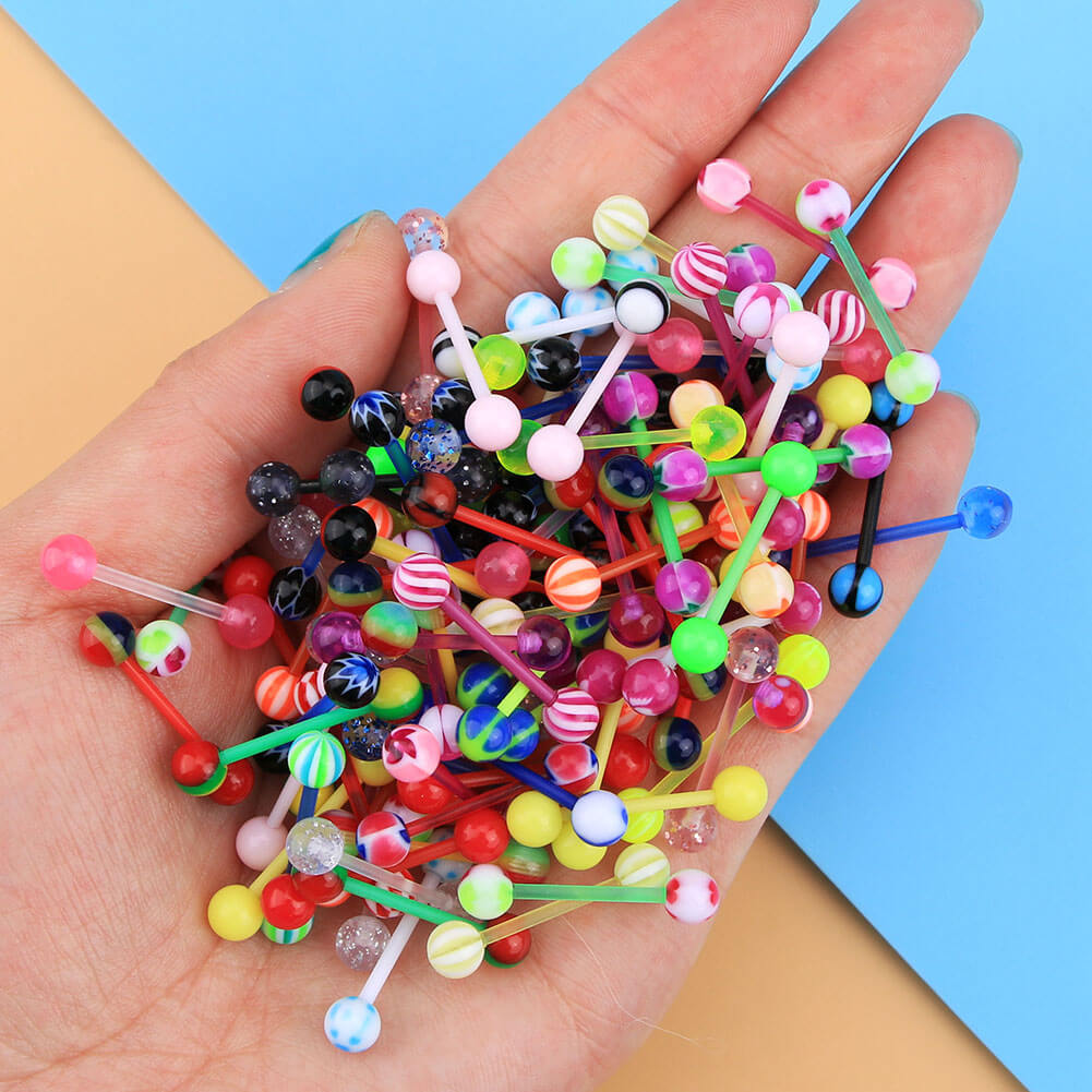 14G 100PCS Different Candy Color Acrylic Barbell Tongue Rings(Random Colors) - OUFER BODY JEWELRY