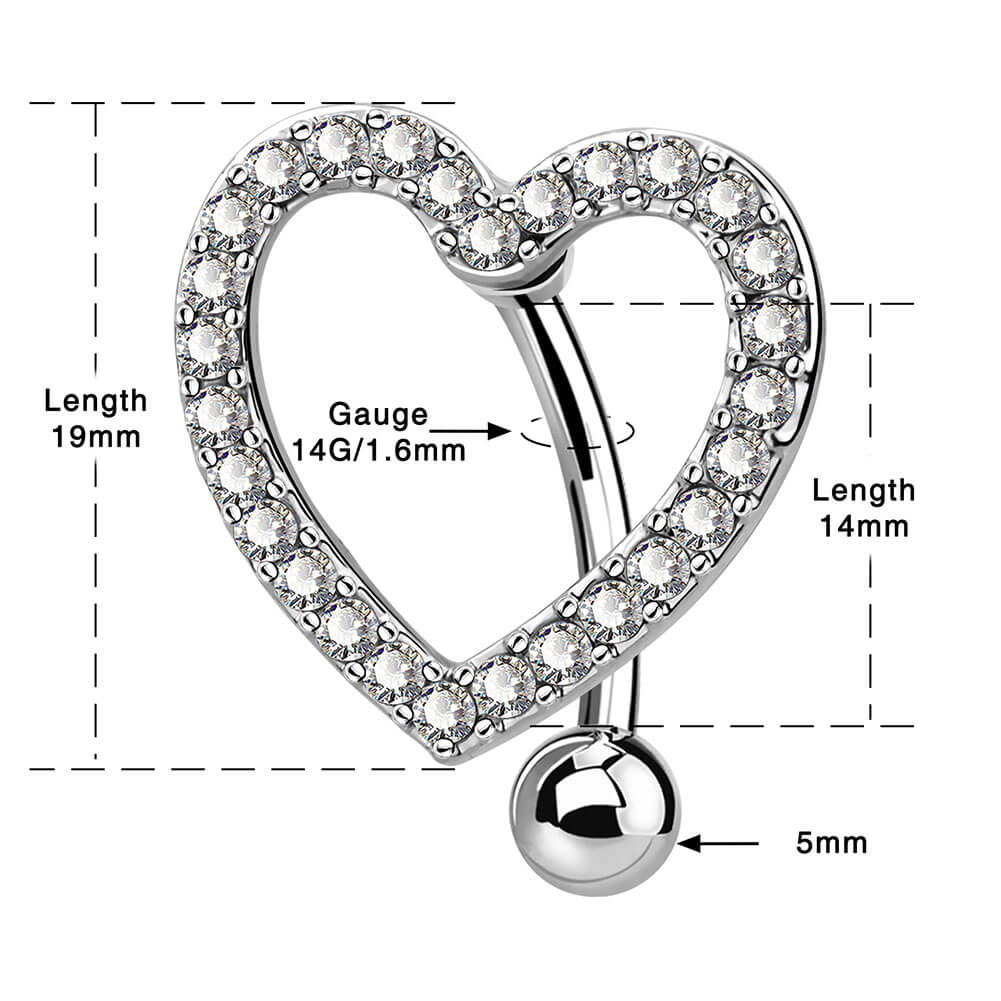 Anneau de nombril scintillant en forme de cœur avec oxyde de zirconium inversé 14G