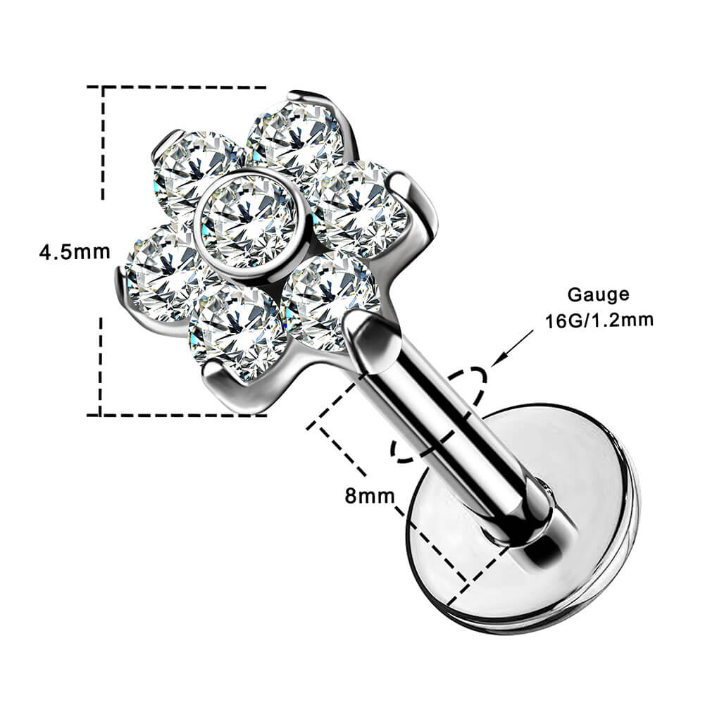 16G Clear CZ Flower Titanium Cartilage Labret Tragus - OUFER BODY JEWELRY