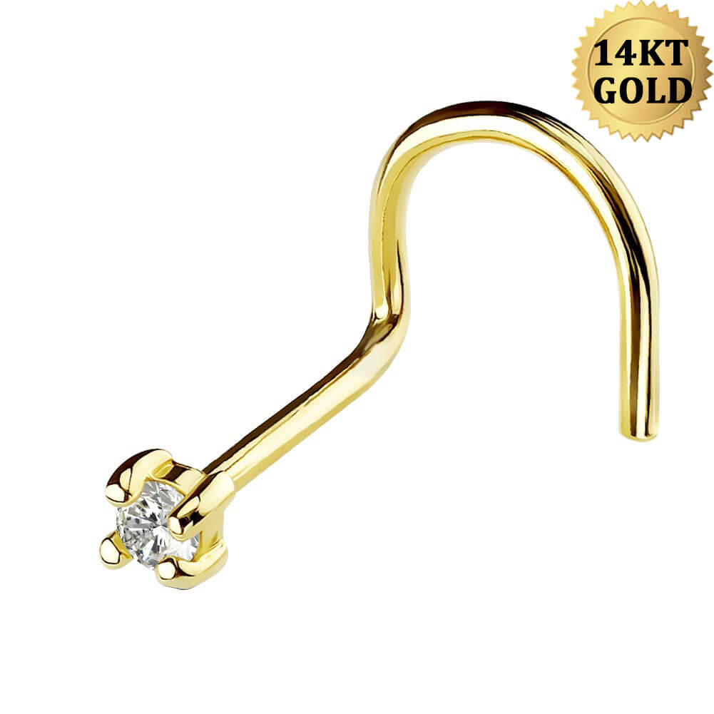 20G CZ 14K Real Gold Screw Nose Stud - OUFER BODY JEWELRY 